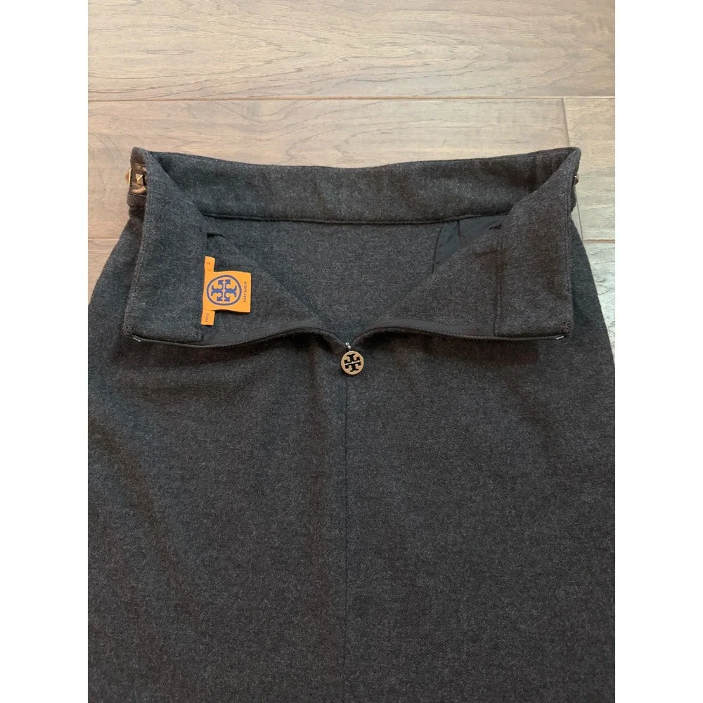 Tory Burch Grey 100% Wool Studded Leather Waist Pencil Skirt Womens Small